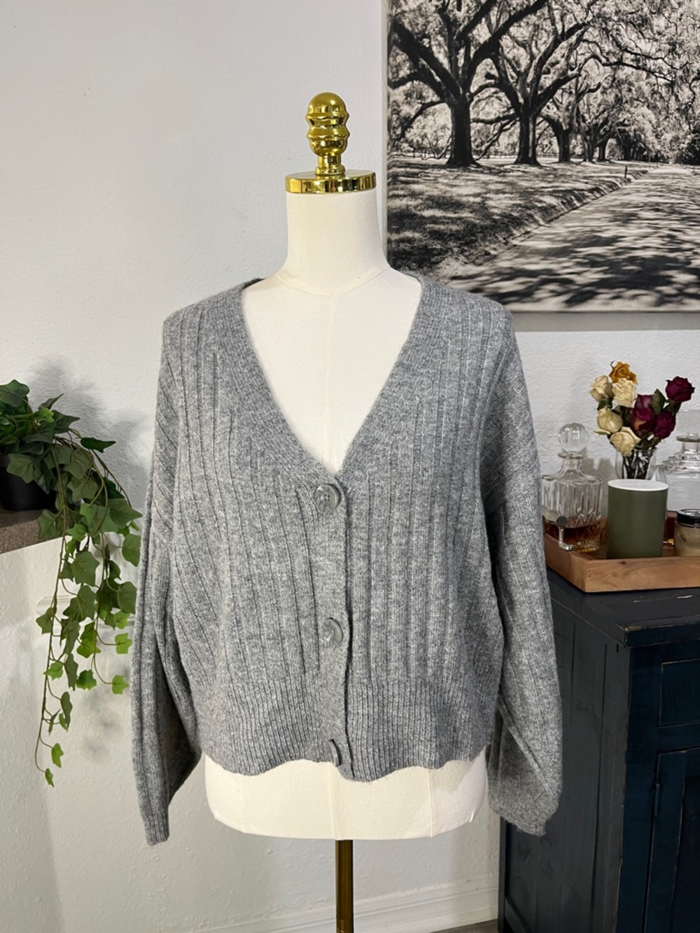 a new day Gray Ribbed V-Neck Button Cardigan